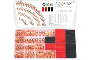 SQQHXX 260Pcs Copper Wire Lugs, Battery Cable Ends AWG 2 4 6 8 10 12 Gauge Wire Connectors with Heat Shrink Set, Ring Terminals Connectors Battery Cable Lugs Battery Lugs with 140Pcs Heat Shrink Tubing Kit