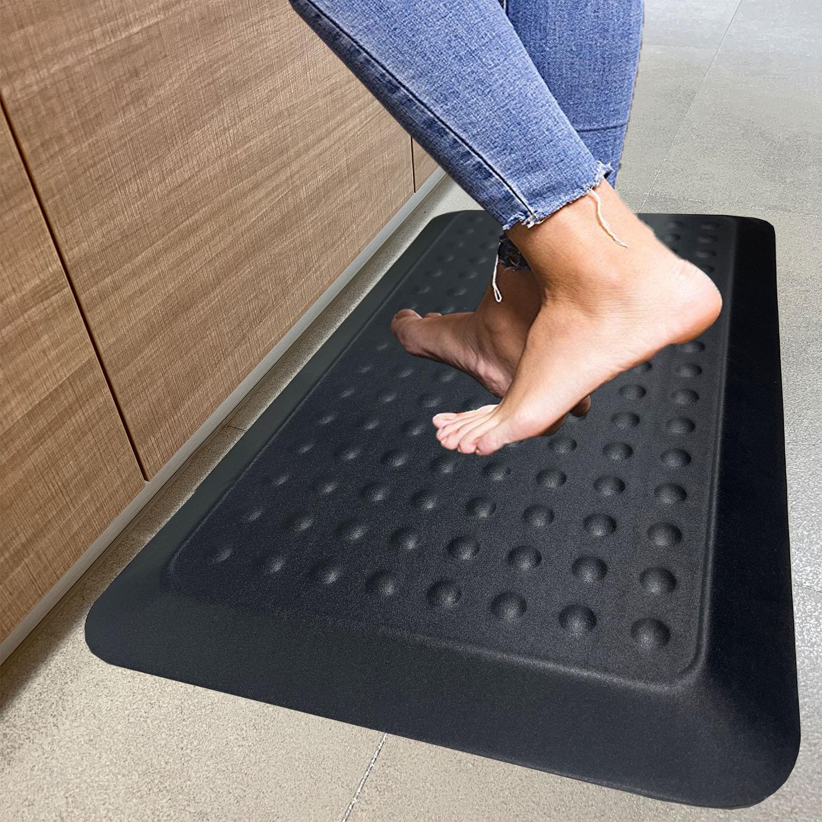Photo 1 of 1" Extra Thick Anti Fatigue Kitchen Floor Mat Comfort Standing Mat 17'' x 30'', Office Standing Desk Mat, Kitchen Rug, Massage Points Comfort Mat, 140D high Density PU Foam (Black)