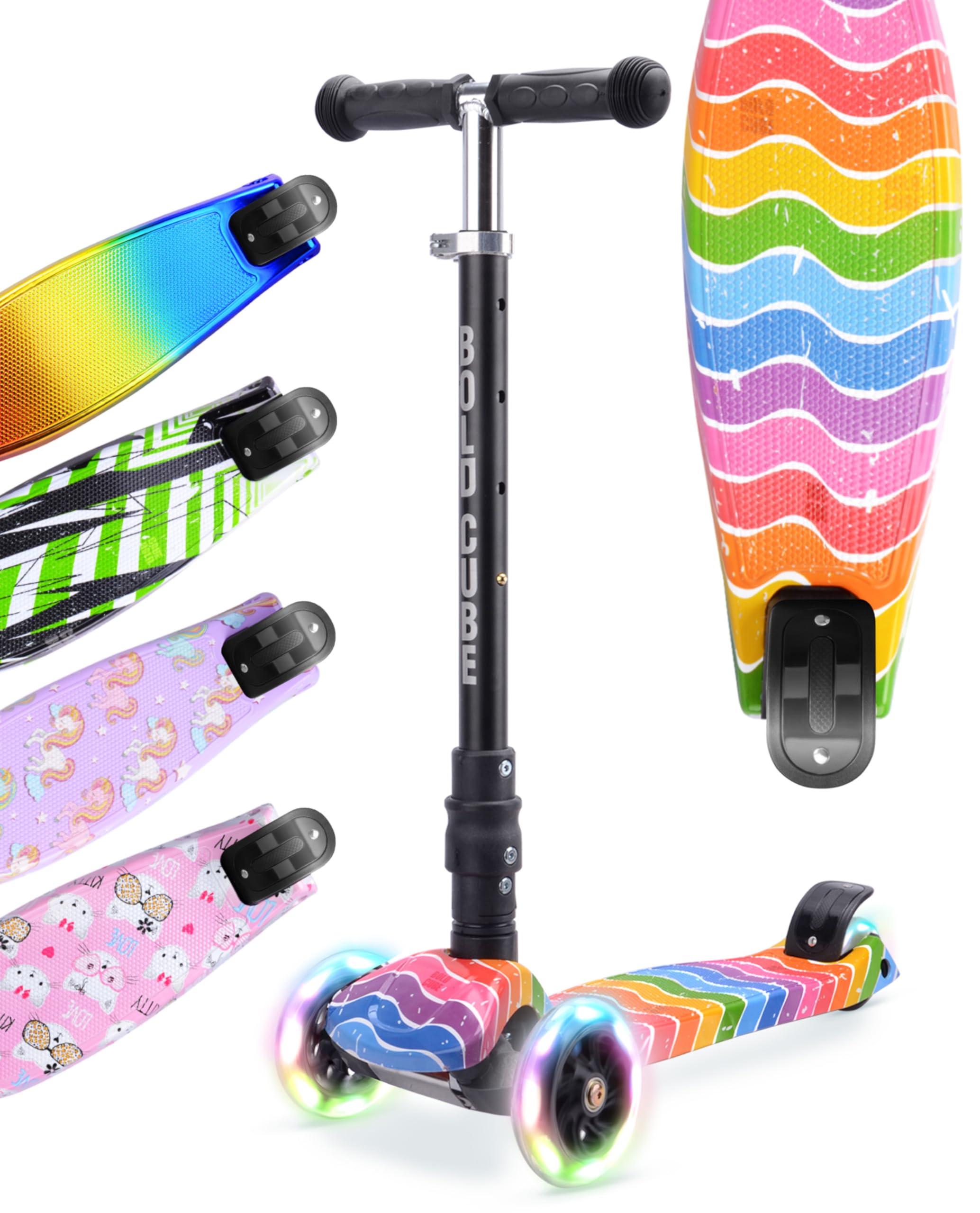 BOLDCUBE Big Fold Astro Dream | Three Wheel Scooter for Children Ages 5-10 Years | LED Wheels with Flashing Lights | Height Adjustable 65 to 89 cm | Rear Reflectors