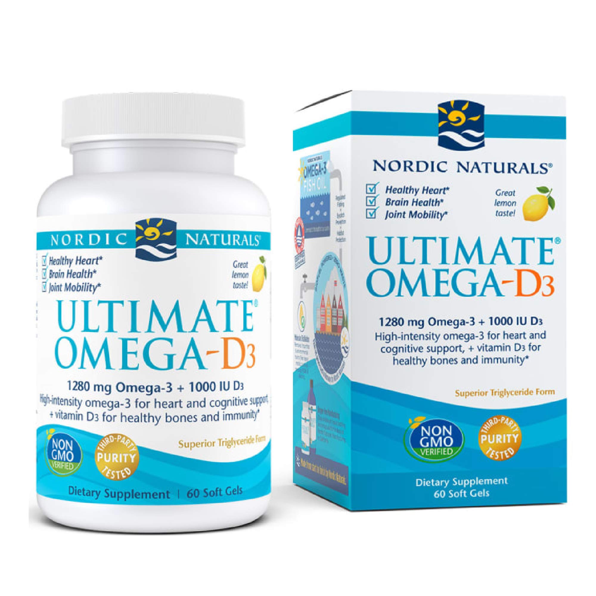 Nordic Naturals Ultimate Omega-D3, Lemon Flavor - 1280 mg Omega-3 + 1000 IU Vitamin D3-60 Soft Gels - Omega-3 Fish Oil - EPA &amp; DHA - Promotes Brain, Heart, Joint, Immune Health - 30 Servings