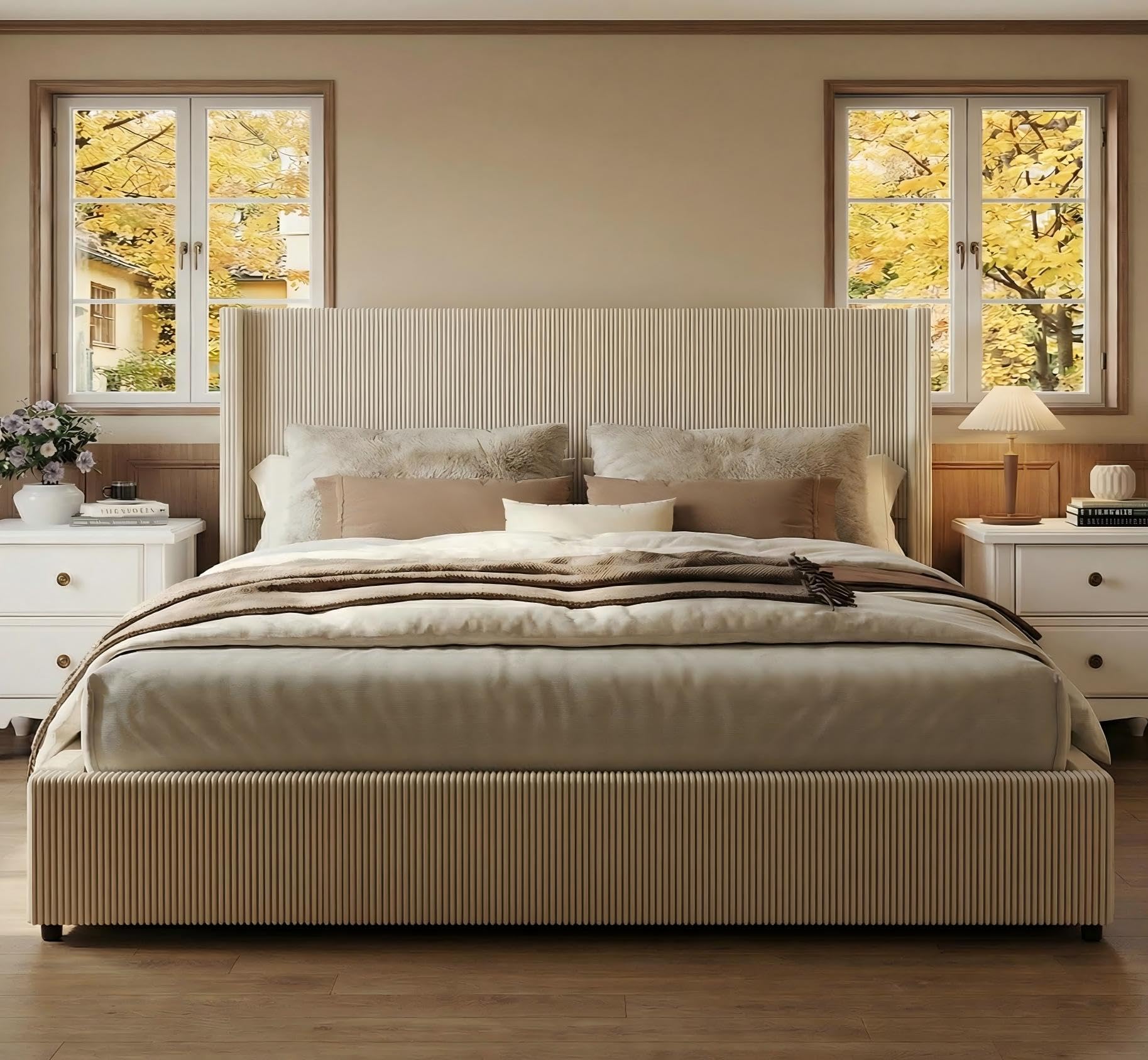 Photo 1 of IDEALHOUSE King Size Bed Frame with Storage Drawers, Corduroy Upholstered Platform with Wingback, No Box Spring Needed, Cream Beige