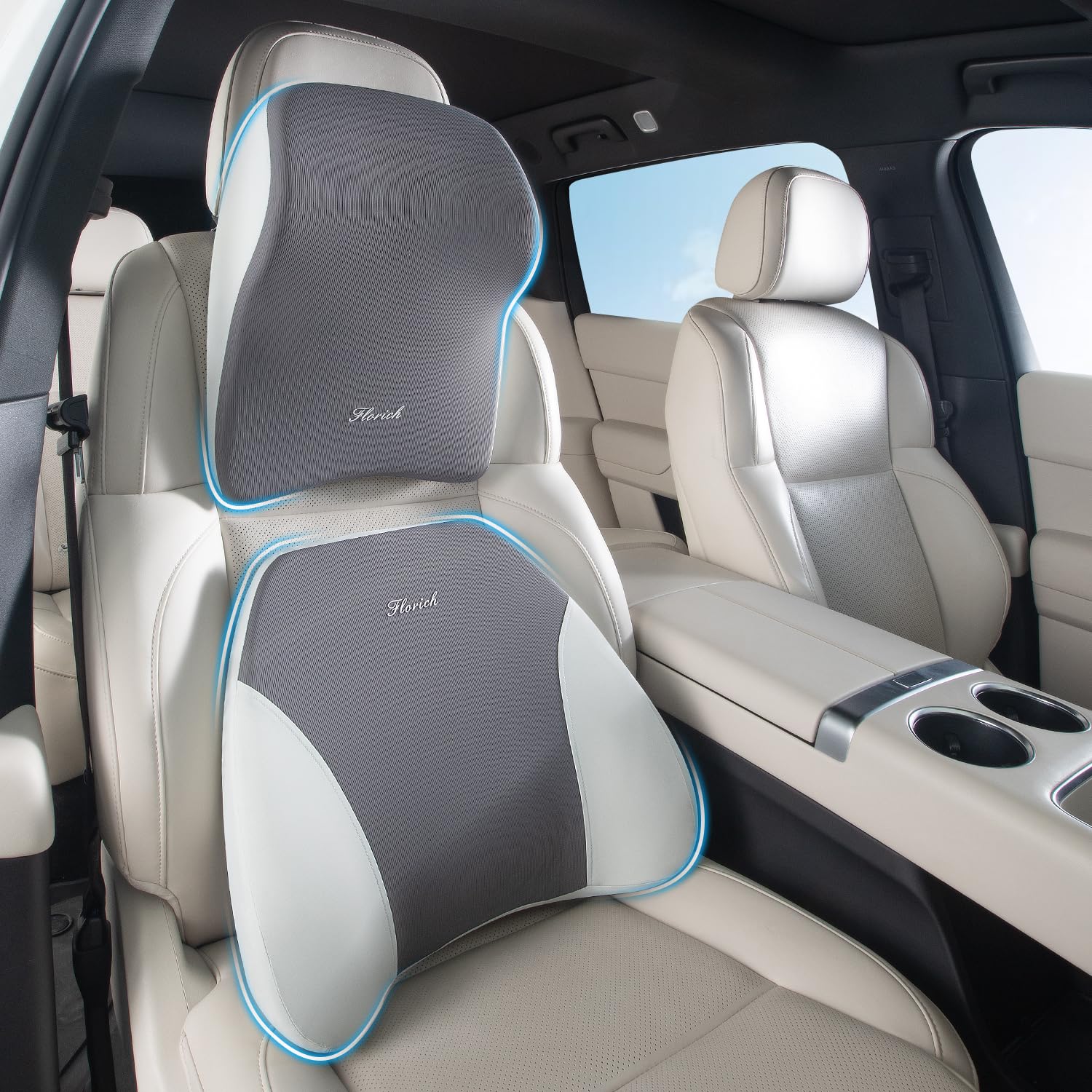 Photo 1 of FLORICH Lumbar Support and Car Neck Pillow, Back Support and Headrest Pillow for Car Seat Driver, Memory Foam Back Neck Support Pillow and Car Seat Lumbar Support for Car Office Chair - Grey