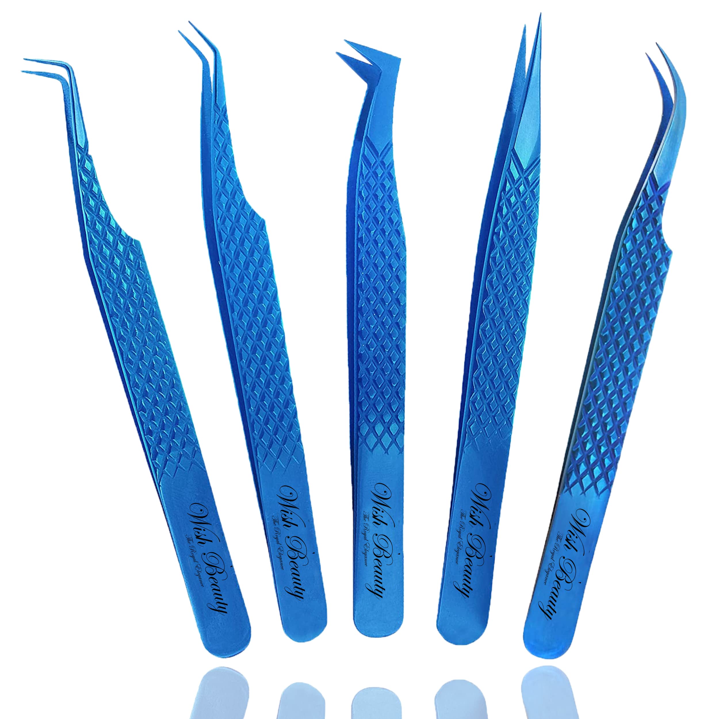 Wishbeauty Eyelash Extension Tweezers Set 5 PCS for Volume Lash Extensions Stainless Steel Eyelash Tweezers for Extensions - Blue