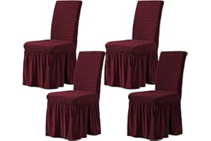 CHUN YI Dining Chair Covers Set of 4, Universal Stretch Dining Room Chair Covers with Skirt, Removable Parsons Chair Slipcover for Kitchen Wedding Party Banquet (Wine)