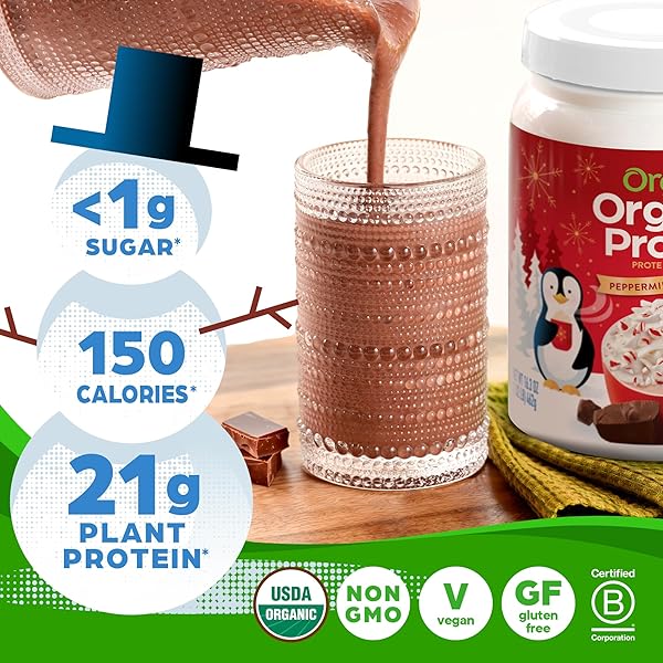 ORGAIN ORGANIC VEGAN PROTEIN POWDER, PEPPERMINT HOT COCOA HOLIDAY FLAVOR – 21G OF PLANT PROTEIN, 5G PREBIOTIC FIBER, NO LACTOSE INGREDIENTS, NO ADDED SUGAR, NON-GMO, FOR SHAKES & SMOOTHIES, 1.02 LB