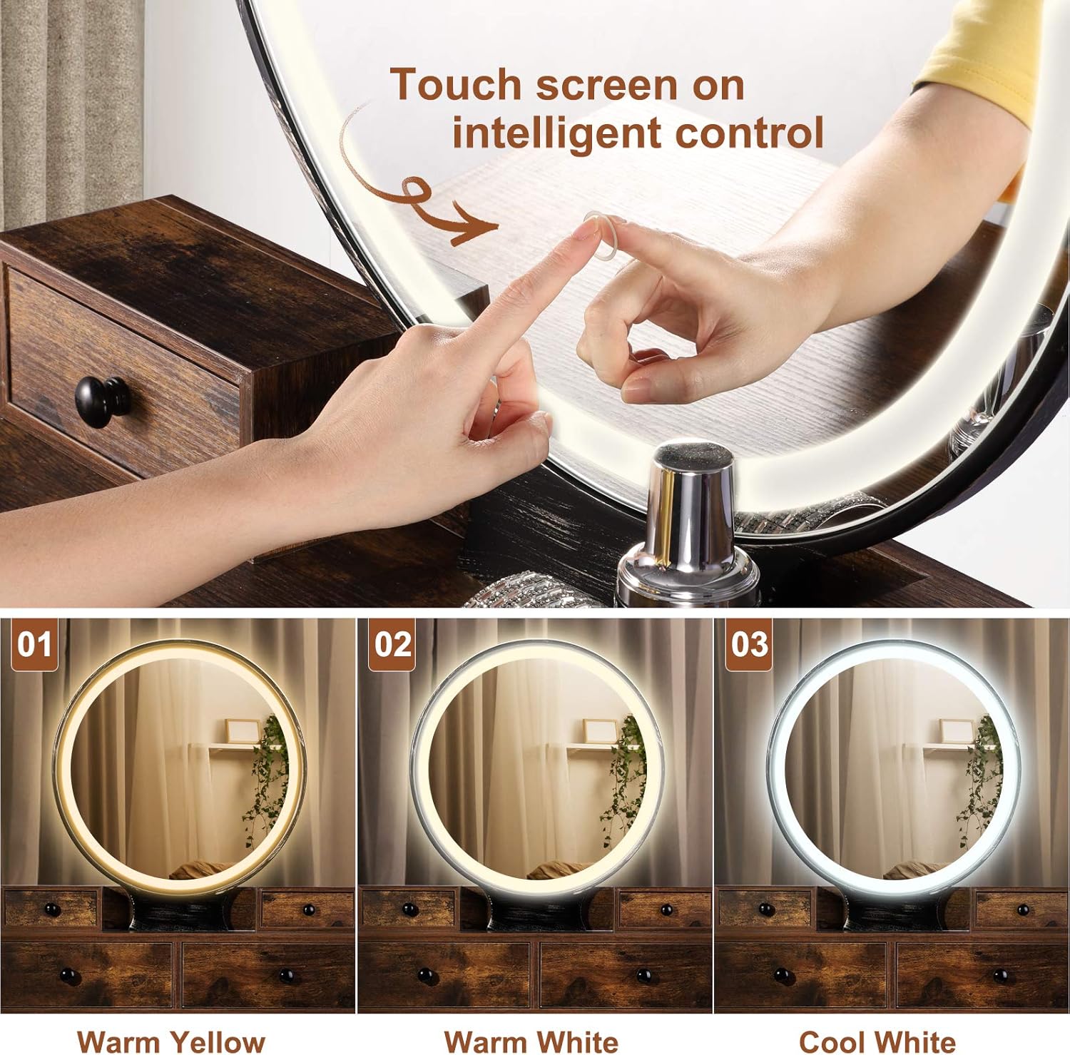 TWING Vanity Table Set,Vanity Set Makeup Dressing Table Dimming Mirror Vanity Desk with 4 Drawers,Brown: Kitchen & Dining