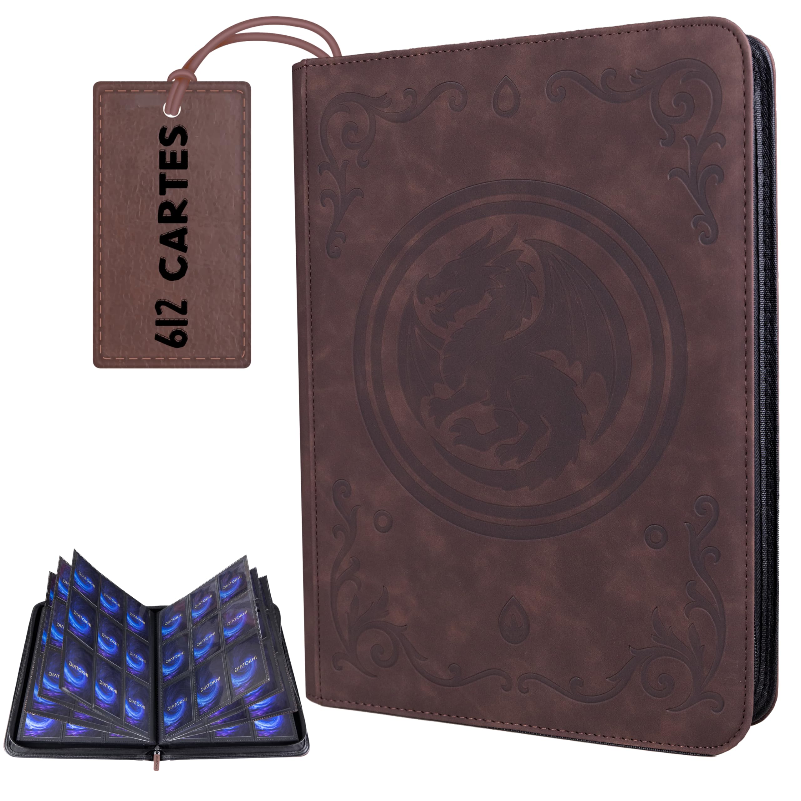 DIATOKHI 612 Pockets Collectible Card Binder - PU Leather Ring-Free Storage Album - Card Holder Compatible with Pokémon, TCG, MTG, Sport - Ideal for Collecting and Playing
