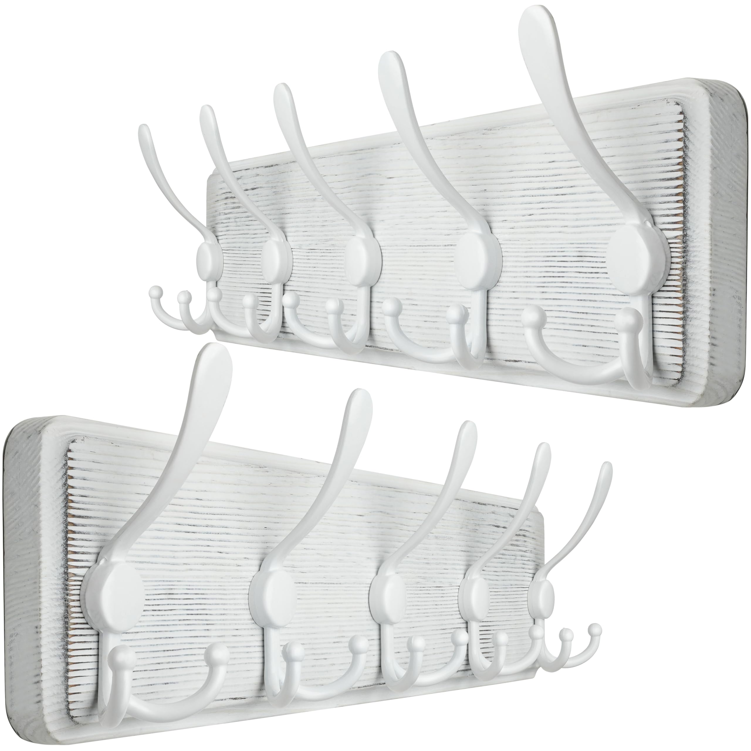 WEBI Coat Rack Wall Mounted,Wood Coat Hooks Wall Mount,16" Hole to Hole,Coat Hanger Wall Hook Rack Rail,5 Triple Hooks for Hanging Jacket,Clothes,Hats,Entryway,Rustic White,2 Packs