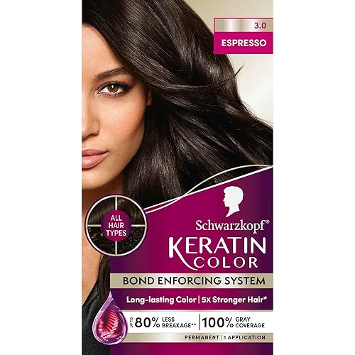 Schwarzkopf Keratin Color Permanent Hair Color, 3.0 Espresso, 1 Application - Professionally Inspired Permanent Hair Dye, for up to 80% Less Breakage vs Untreated Hair and up to 100% Gray Coverage