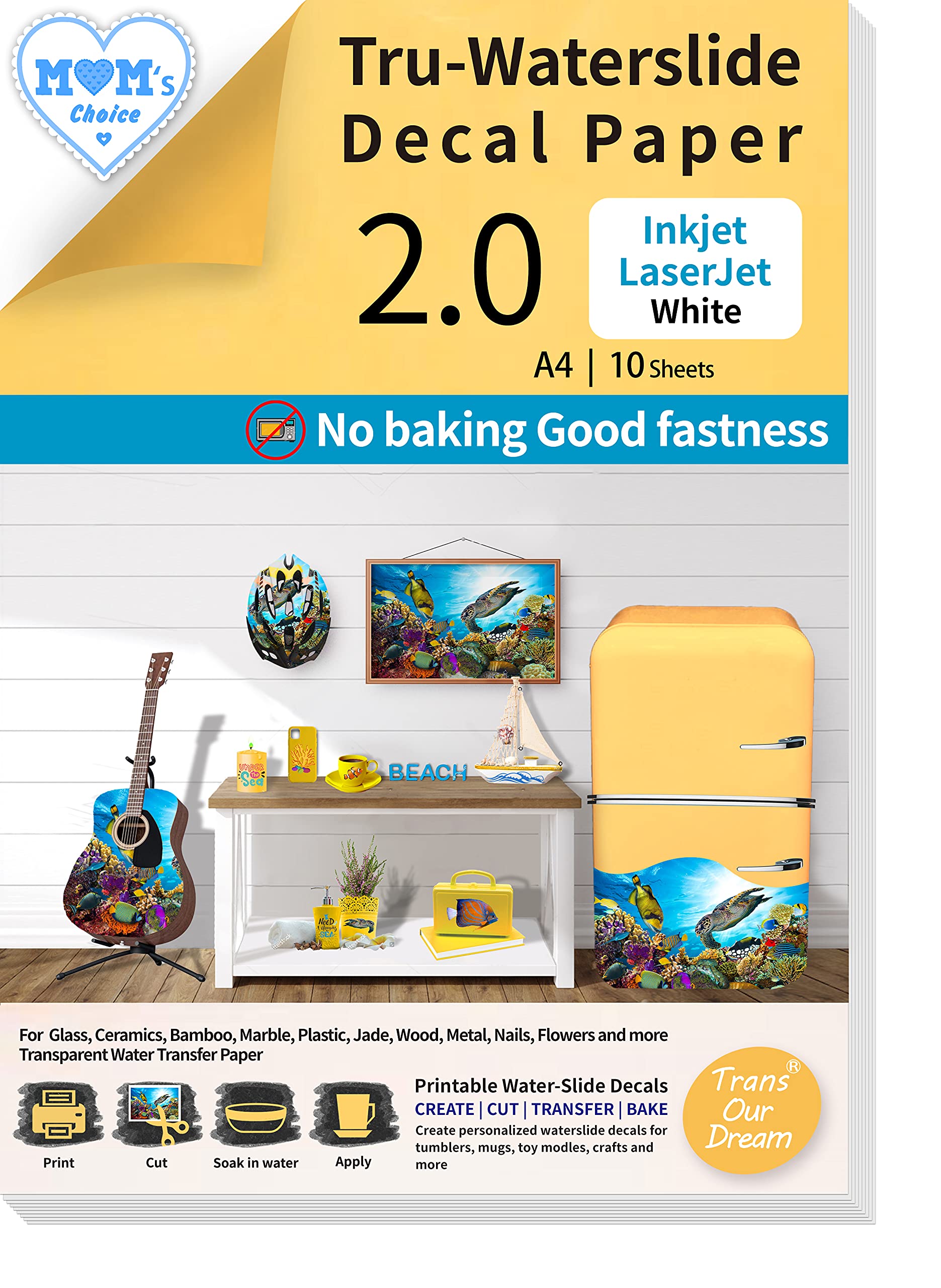 TransOurDream Tru-Inkjet Waterslide Decal Paper White 2.0 10 Sheets A4 Printable Water Slide Transfer Paper for Inkjet Printer, Water Slide Decals for Mugs, Tumblers, Candles，DIY Glasses (019-10)