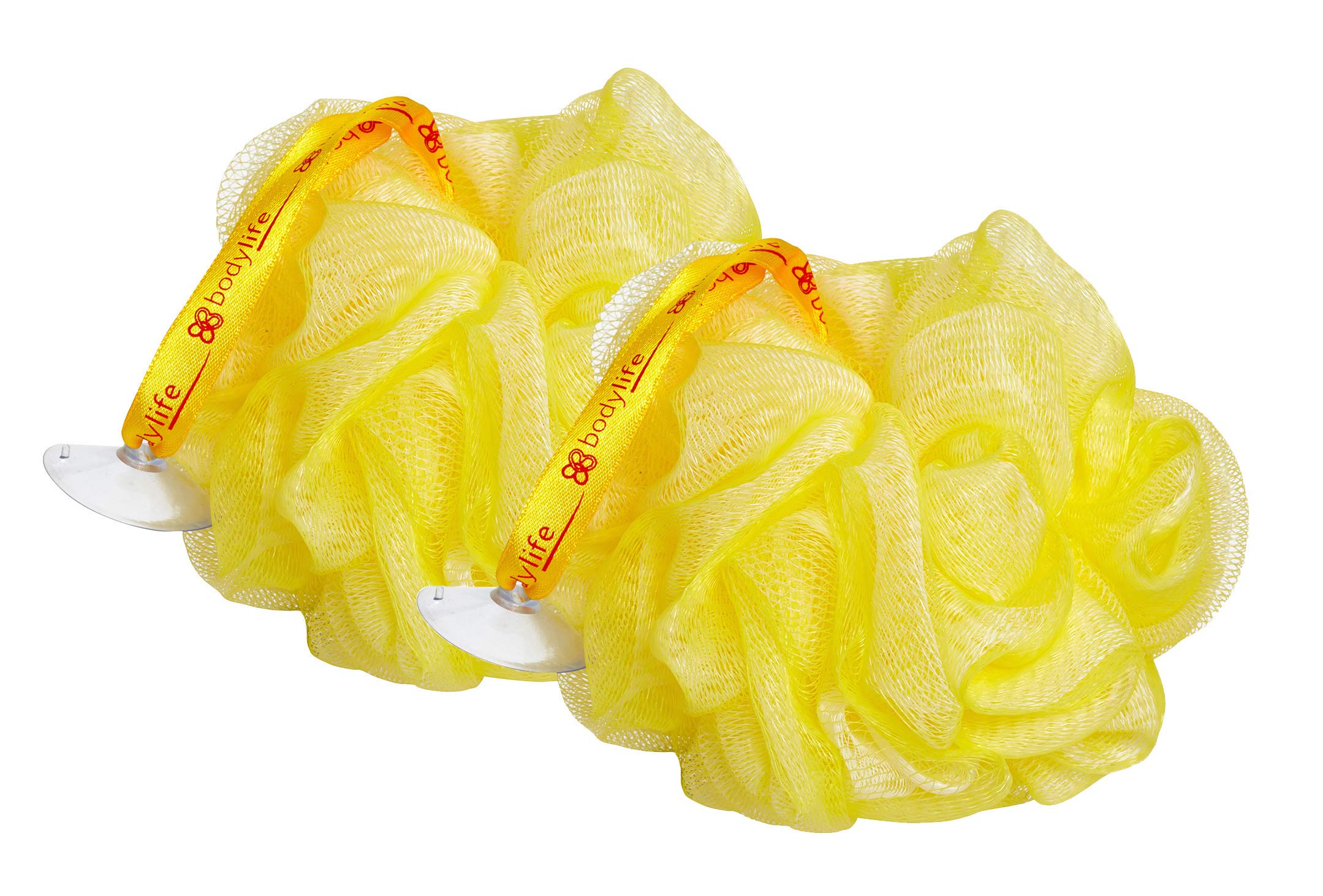 Bodylife Body Buffer, Puff, Exfoliating Bath & Shower Body Pouf, Scrunchie, Body Scrubber Yellow & White 55g Twin Pack
