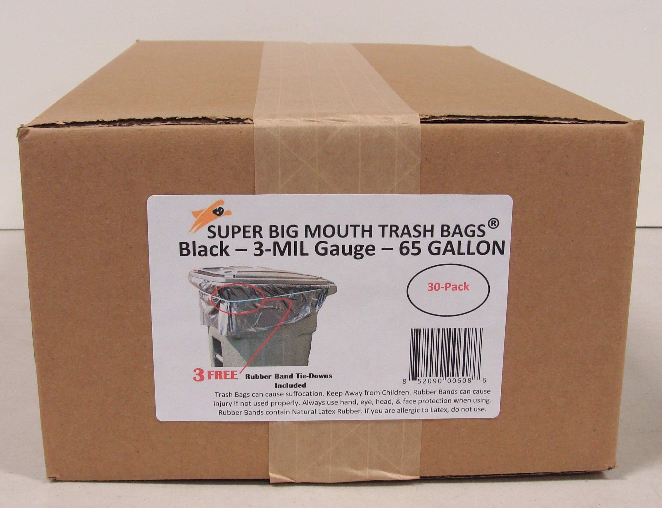 65 Gallon Super Big Mouth Trash Bags 30-Pack Plus 3 Free Rubber Tie Down Bands