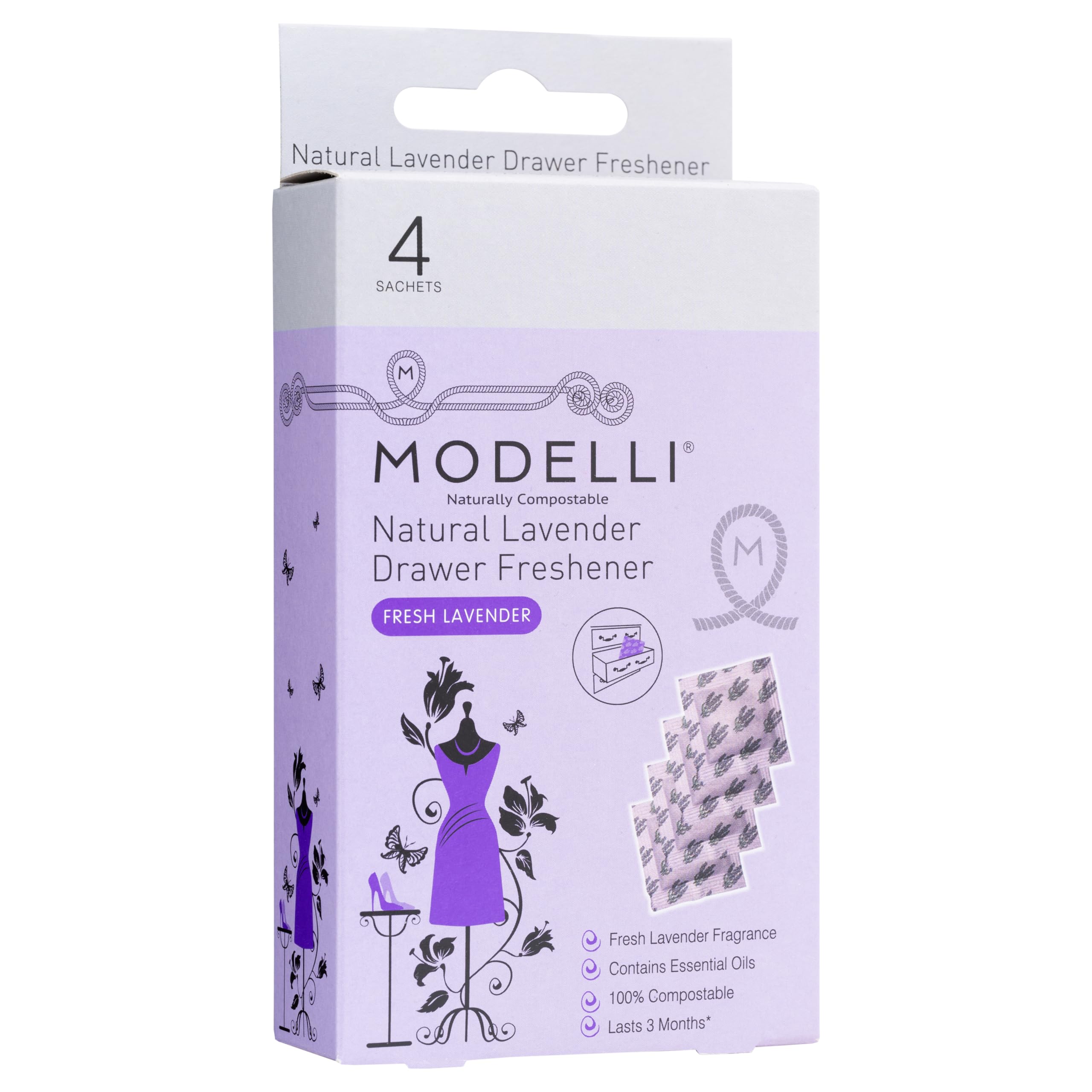 Modelli Compostable Long Lasting Natural Lavender Moth Deterrent Drawer Fresheners, 4 Pack - Fresh Lavender Fragrance, 100% Compostable - Freshens Clothes in Drawers