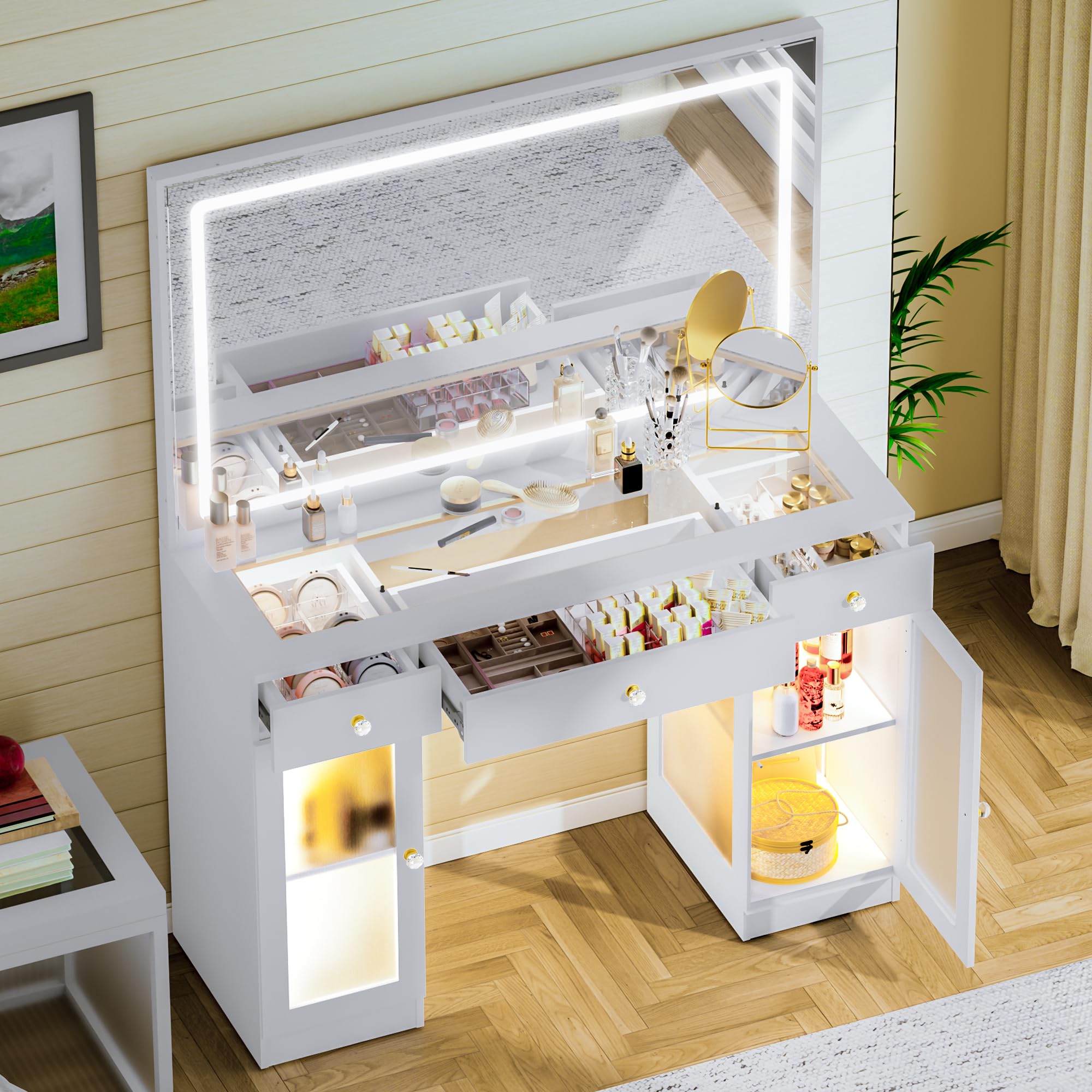 Photo 1 of ** BRAND NEW ITEM / FUNCTIONAL TESTED** Pamapic Makeup Vanity with Lighted Mirror, Glass Top Vanity Desk with Power Outlet, 3-Drawer White Vanity, Makeup Table with Adjustable 3 Color Modes