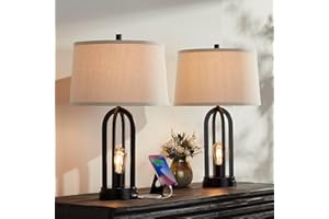360 Lighting Marcel 24 1/4" Tall Modern Industrial Set of 2 Table Lamps with USB Ports A+C Charging LED Nightlight Black Metal Natural Linen Shade Bedroom Living Room House Desk Bedside Nightstand