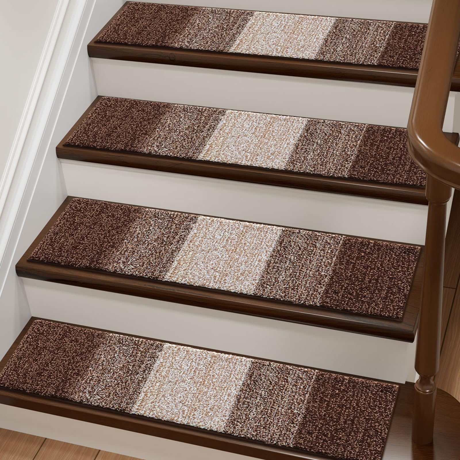 Photo 1 of OLANLY Stair Treads Non Slip 4PCS, 8" x 30" Indoor Stair Runners for Wooden Steps, Edging Stair Rugs with Reusable Peel and Stick Adhesive for Kids Elders and Pets, Brown