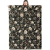 qxfqxf Vintage Floral Blanket Lightweight Blankets Gifts for Women Flannel Throw with Beige Flower and Gold Vine on Dark Background Printed for Sofa, Bed, Travel, Retro Decor Throws 60x50 Inch