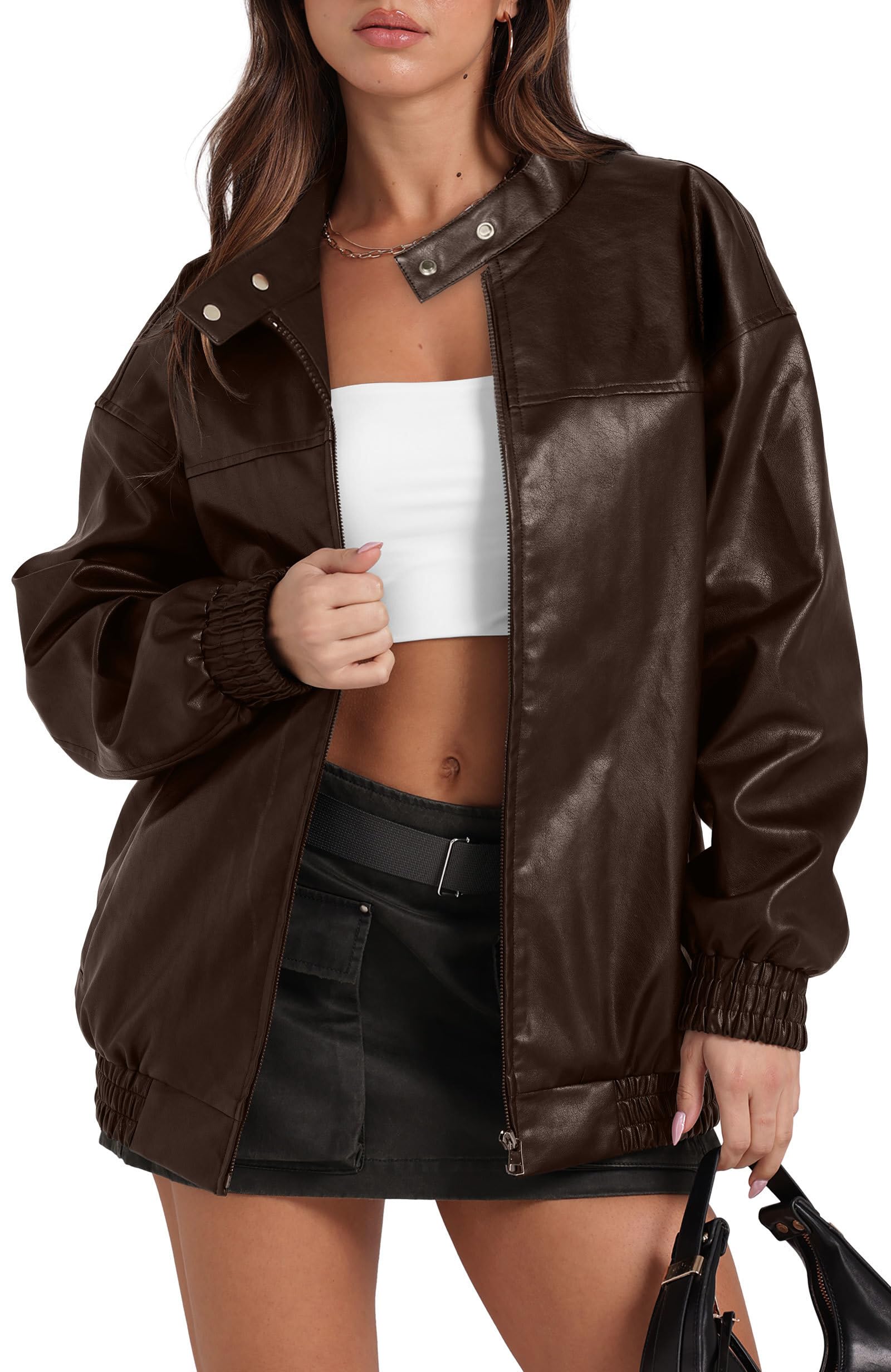 Sampeel Leather Jacket Women Faux Oversized Motorcycle Bomber Coats 2025 Fall Fashion Outfits Winter Clothes Trendy Cute Dark Brown S Image