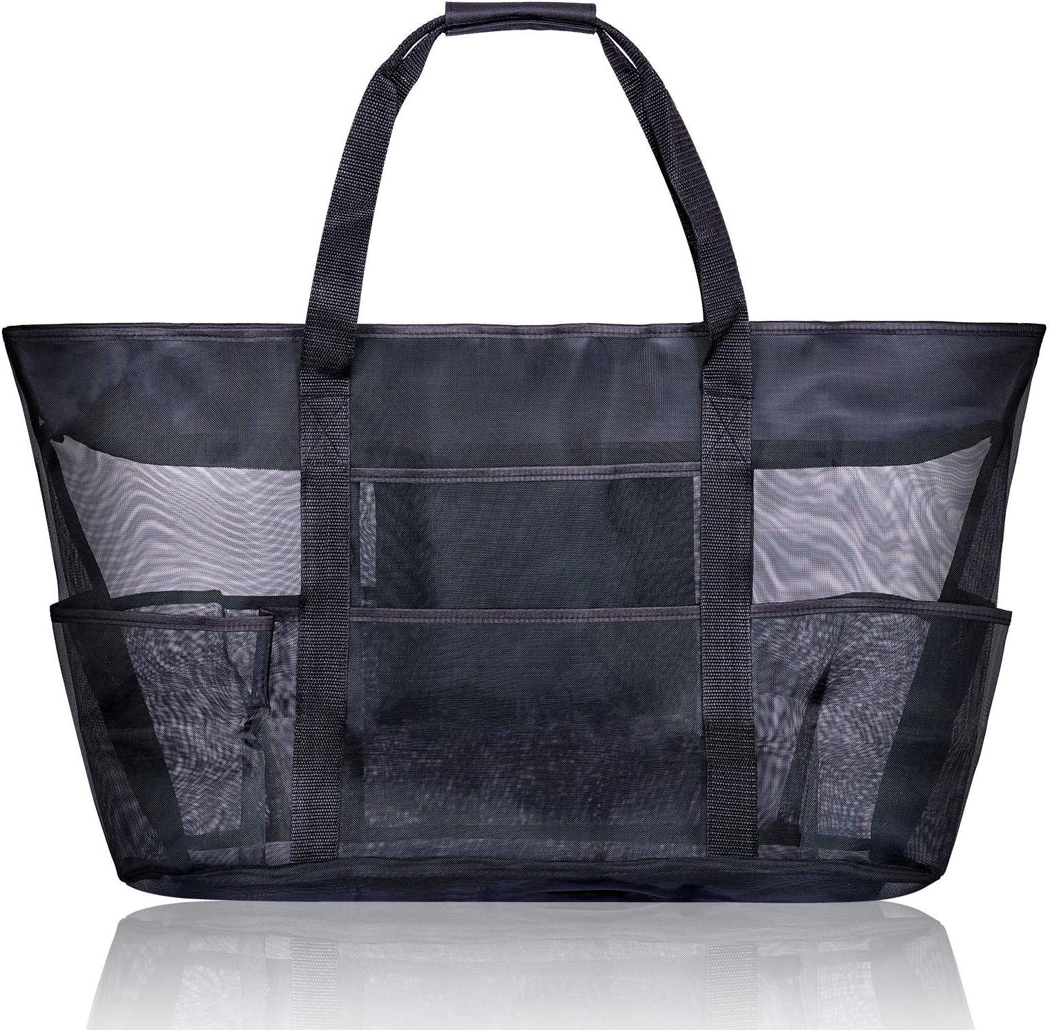 Mesh Beach Bag Tote Extra Large Summer Holiday Storage Shoulder Bag Multi-Functional Foldable Travel with Pockets Zipper Top for Men Women Unisex Outdoor Picnic Outing Black