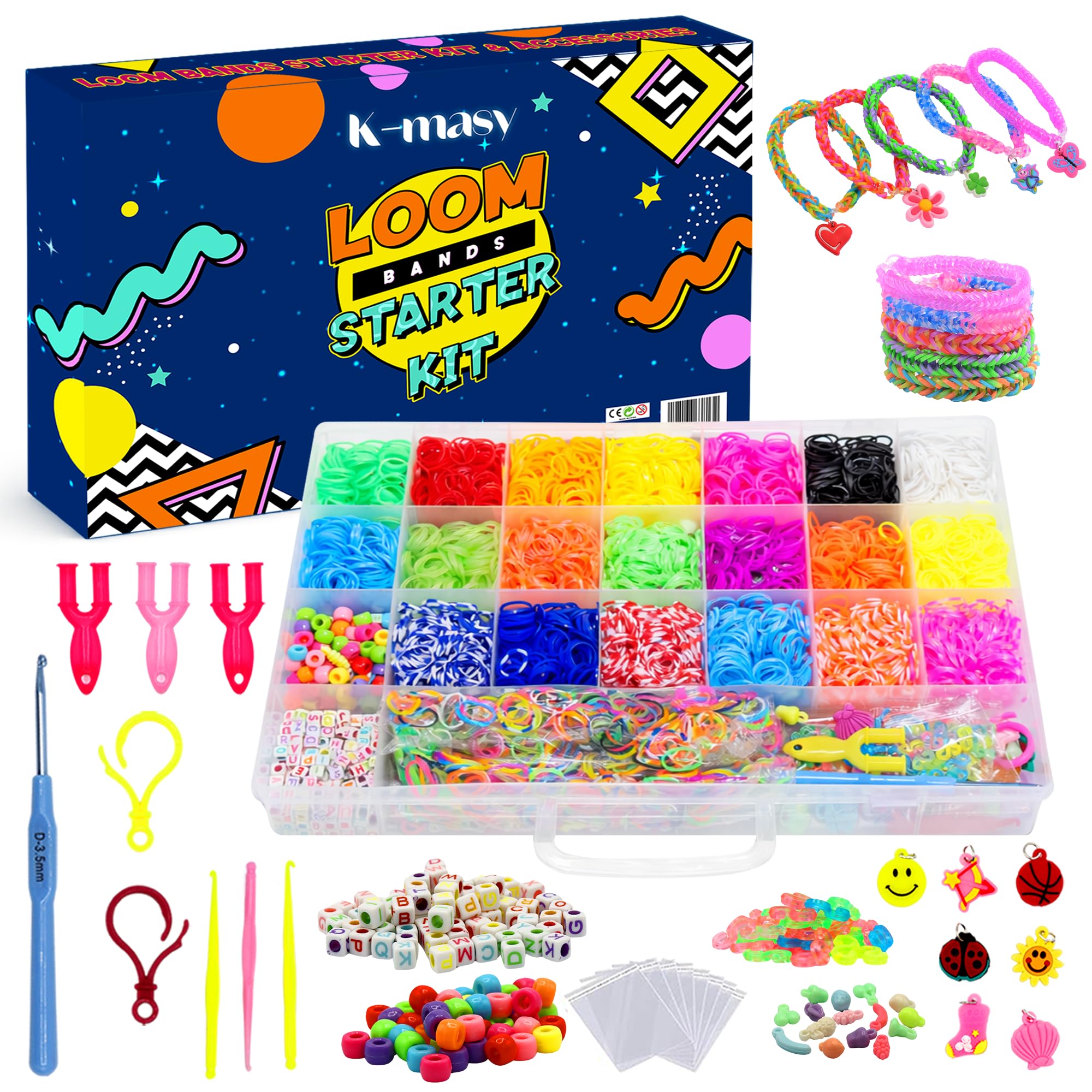 k-masy Loom Bands Kit 6000 + Colorful Rubber Bands Loom Bands Kits for Girls Friendship Bracelet Making in 20 Unique Colors with Beads and Other Accessories in Beautiful Craft Storage Box