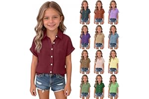 Linen Shirts for Girls Button Down Lapel Blouses 2026 Kids Trendy Summer Casual Lightweight Solid Short Sleeve Shirt
