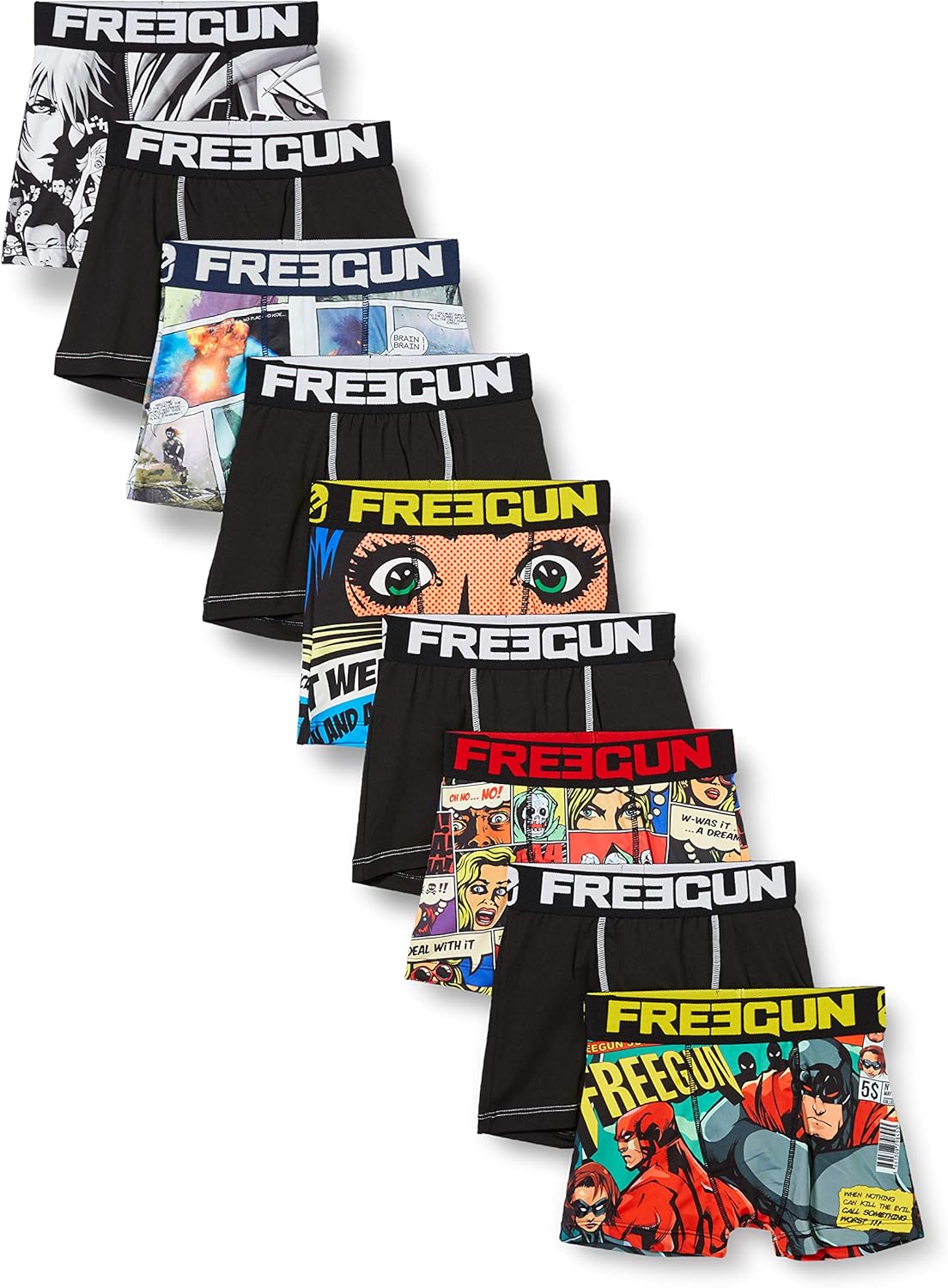 Boxer Ragazzi Comfort Boxer Corti FREEGUN - Pacco Da 5 Per Bambini E Ragazzi, Tema Manga Slip Boxer Corti Pacco 5 Pezzi Manga Supereroi