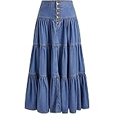 CIDER Women’s Long Jean Denim Tiered Button Down High Waisted Maxi Skirts