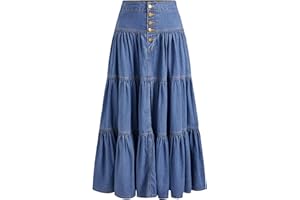 CIDER Women’s Long Jean Denim Tiered Button Down High Waisted Maxi Skirts