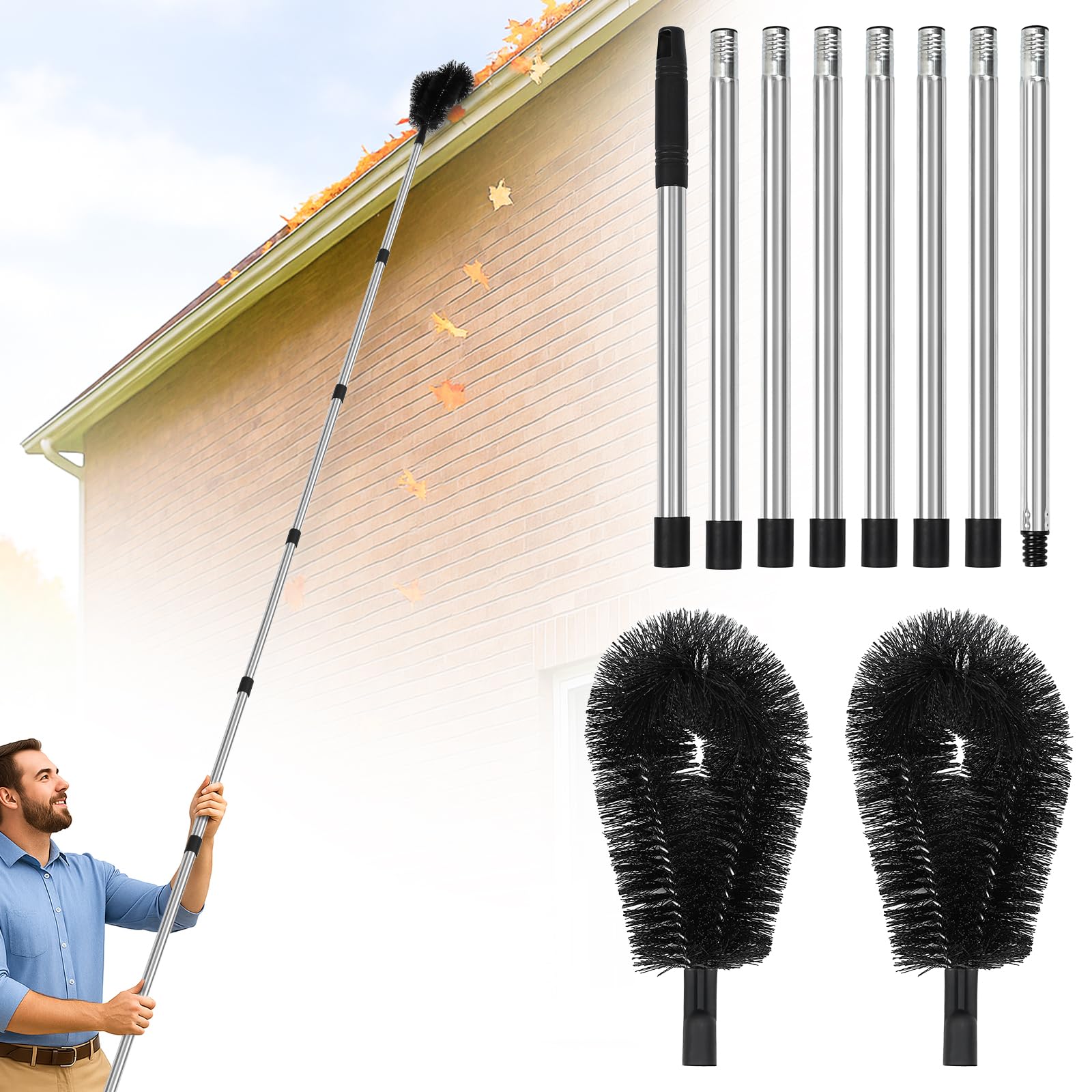Photo 1 of 10.5FT Gutter Cleaning Brush with Adjustable Pole - No Ladder, Professional Long Reach Gutter Brush with Replaceable Brush for Removing Leaves and Trash from Roof Gutters