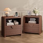 OneBlis 23" Wide Fluted Nightstands Set of 2 with Charging Station, Wood Bedside Tables with Drawer and Open Compartment, Mid Century End Tables for Bedroom, Home Office, Walnut