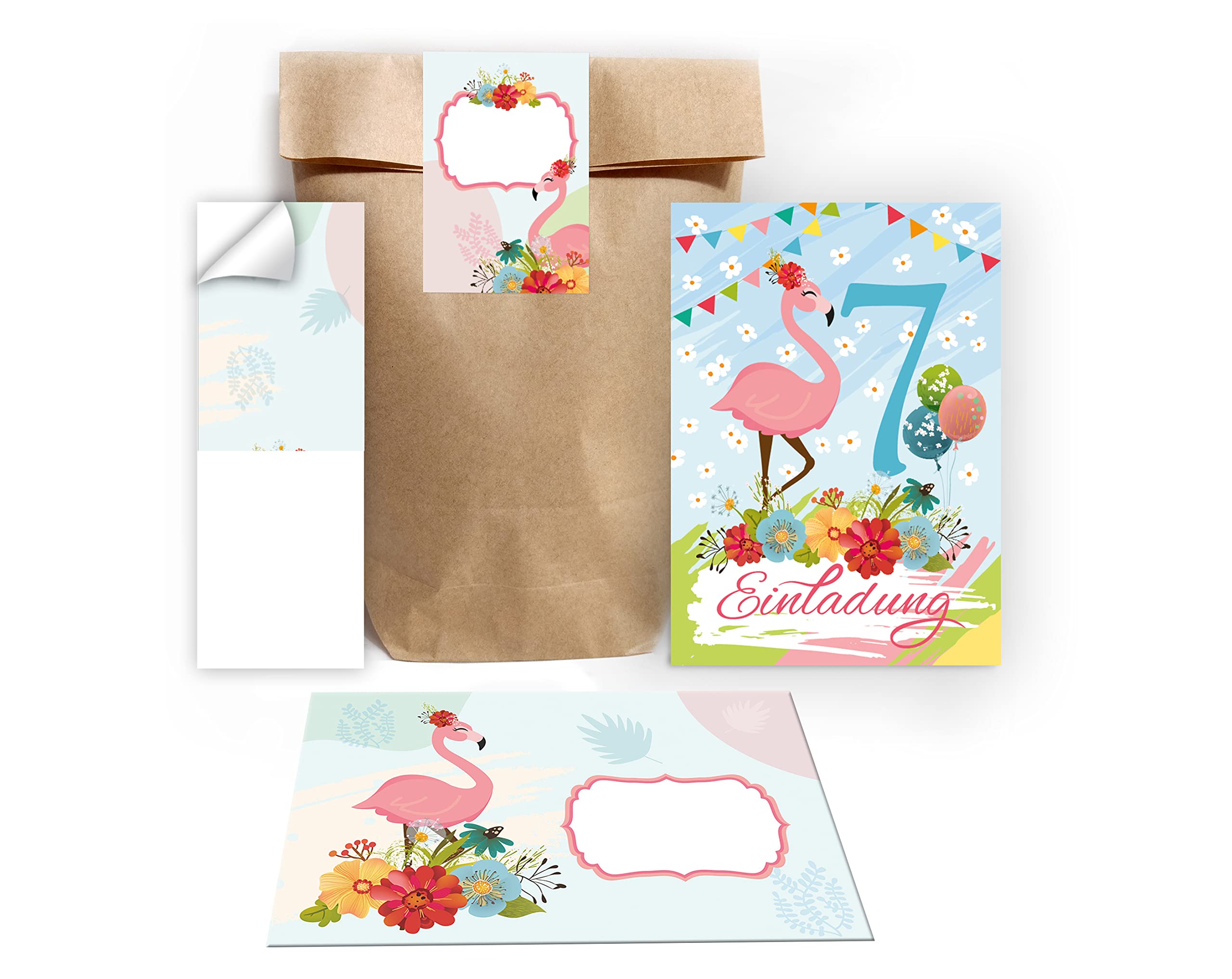 Junapack 12 Invitation Cards for 7th Children's Birthday Girl Flamingo Including 12 Envelopes, 12 Bags/Natural, 12 Stickers