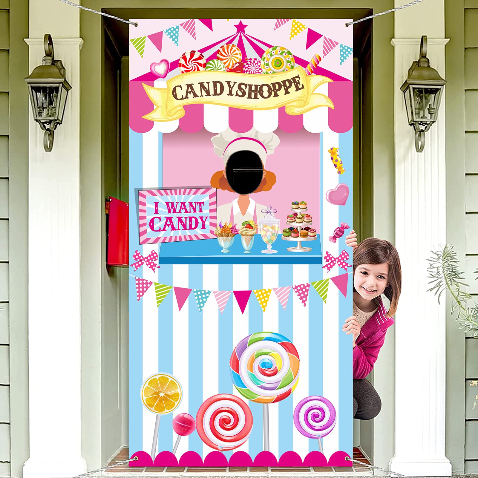 Candy Shop Party Decoration Sweet Shoppe Hanging Banner Background Carnival Photo Door Decor Backdrop Props 70.87 x 35.43 Inch Large Photo Door Banner for Candy Shop Sweet Party Carnival Game Supplies