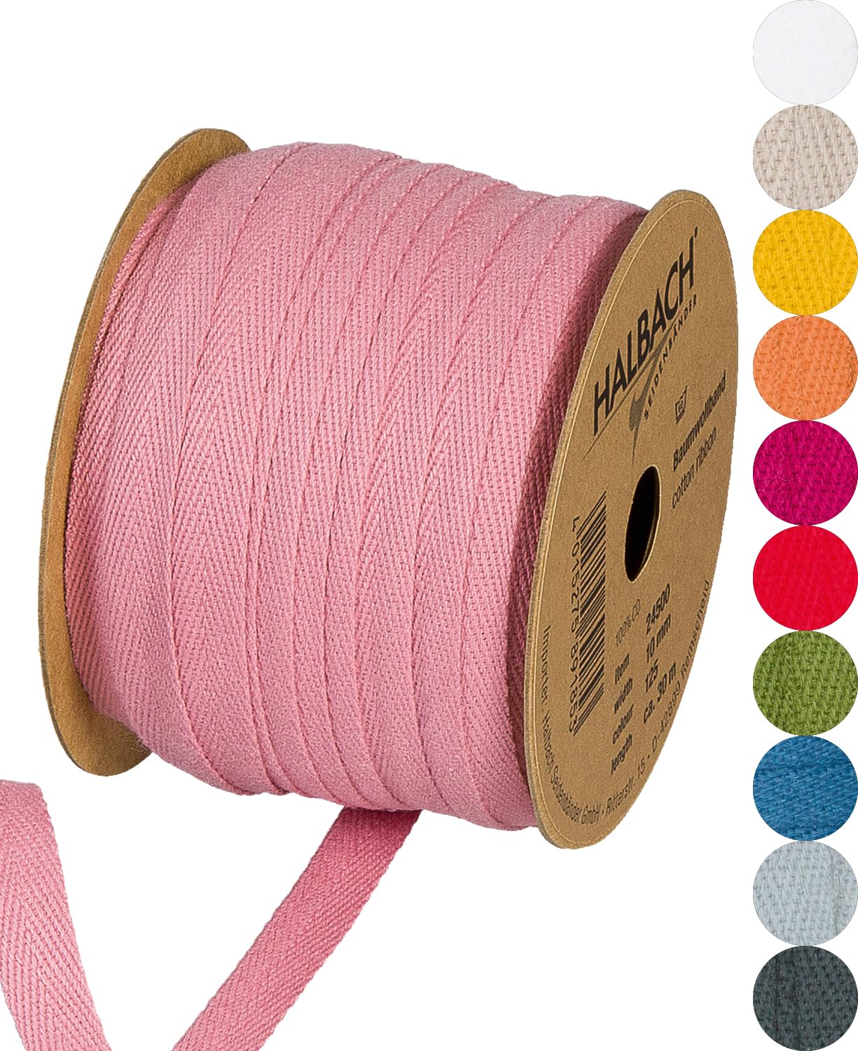 Halbach Seidenbänder Cotton Ribbon 10 mm x 30 m, Ribbons for Crafts Sold by The Metre, Fabric Ribbon for Decorations, Woven Ribbon 100% Cotton DIY Crafts, Bias Tape Sewing Craft, Colour: Pink, 24500