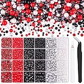 14000PCS Flatback Pearls and Rhinestones for Bedazzling, Red White Black Mixed Size 3-10mm Resin Rhinestones Gems and Half Pearls for Crafting, Nail Art Crafts Decoration