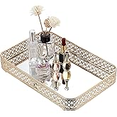 ELLDOO Perfume & Makeup Vanity Tray - Hollow-Carved Jewelry Storage, Glass & Metal Trinket Organizer for Dresser & Bathroom Countertop, Gold, Medium Size