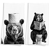 WAITPI Toilet Black Bear Hand Towels for Bathroom, Bear Gifts for Women, Funny Wildlife Animal Decorative Hand Tea Dish Towels for Kitchen Toilet Decor 16x24in Set of 2