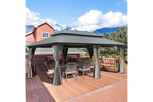 DOMI OUTDOOR LIVING Domi 12’ X 20’ Hardtop Gazebo Canopy with Netting & Curtains, Outdoor Aluminum Gazebo with Galvanized Steel Double Roof for Patio Lawn and Garden, Gray