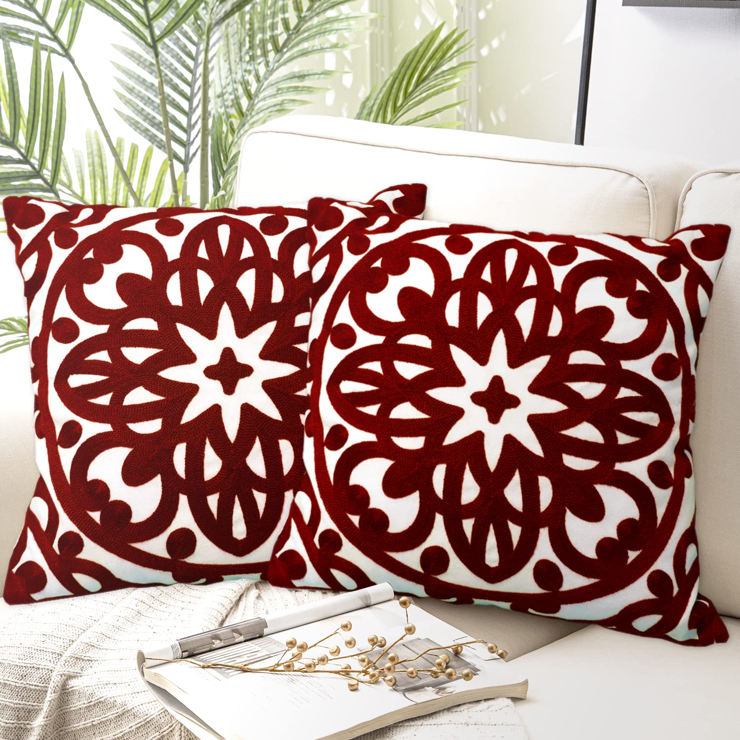 Photo 1 of Alysheer Embroidered Decorative Throw Pillow Covers 18"x18" Set of 2 Pieces, Cozy Warm Boho Mandala Knit Pattern, Durable 100% Cotton Canvas Cushion Cases for Sofa Couch Living Room(Burgundy Red)