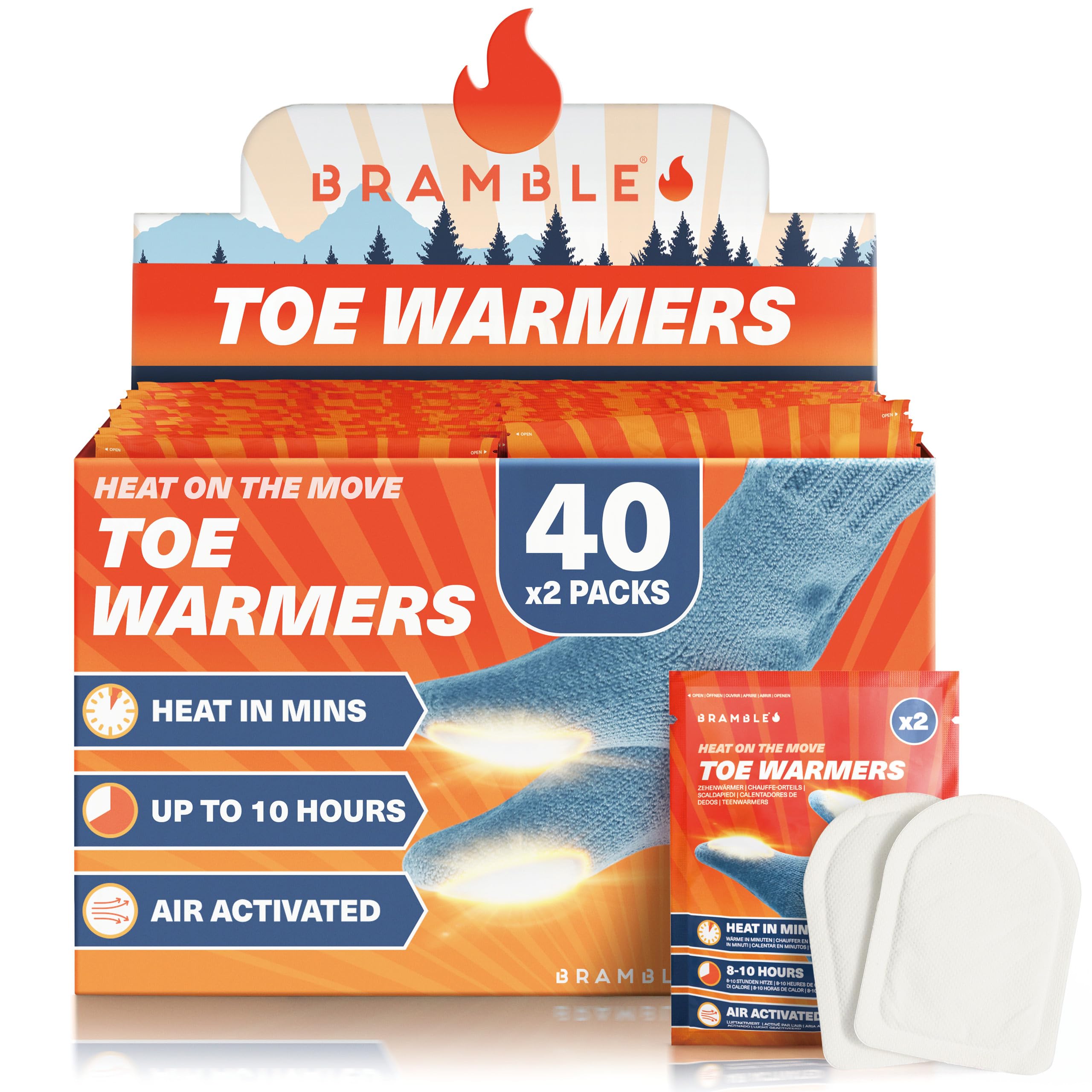 Bramble - Adhesive Toe Warmers (40 Pairs, 80 Total) - Ultra-Thin Stick-On Patches for Shoes and Boots - Air-Activated & Odour-Free - Up to 10 Hours of Heat