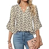 AKEWEI 3/4 Length Sleeve Womens Tops Double Layered Dressy Casual Business Work Blouses V Neck Office Tunic Shirts