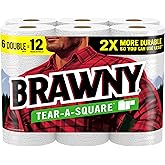 Brawny Tear-A-Square Paper Towels, 6 Double Rolls = 12 Regular Rolls, 3 Sheet Sizes (Quarter, Half, Full), Strength for All M