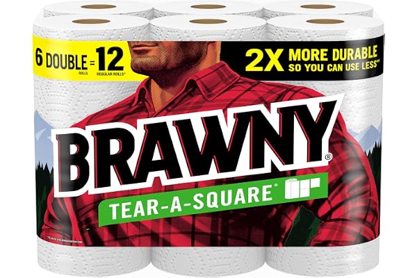 Brawny Tear-A-Square Paper Towels, 6 Double Rolls = 12 Regular Rolls, 3 Sheet Sizes (Quarter, Half, Full), Strength for All M