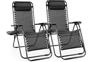 Sweetcrispy Zero Gravity Chairs, Set of 2 Portable Recliner Beach Camping Patio Outdoor Folding Lounge Chair with Cup Holder Trays and Adjustable Pillow for Poolside, Garden, Backyard, Lawn (Black)