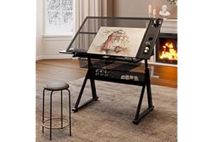 Gagawin Drafting Table with Stool, Upgraded Height Adjustable Drawing Desk Art Table Drafting Desk with 0-75° Tilting Glass Tabletop and More Storage for Home Office, Type 2-Black