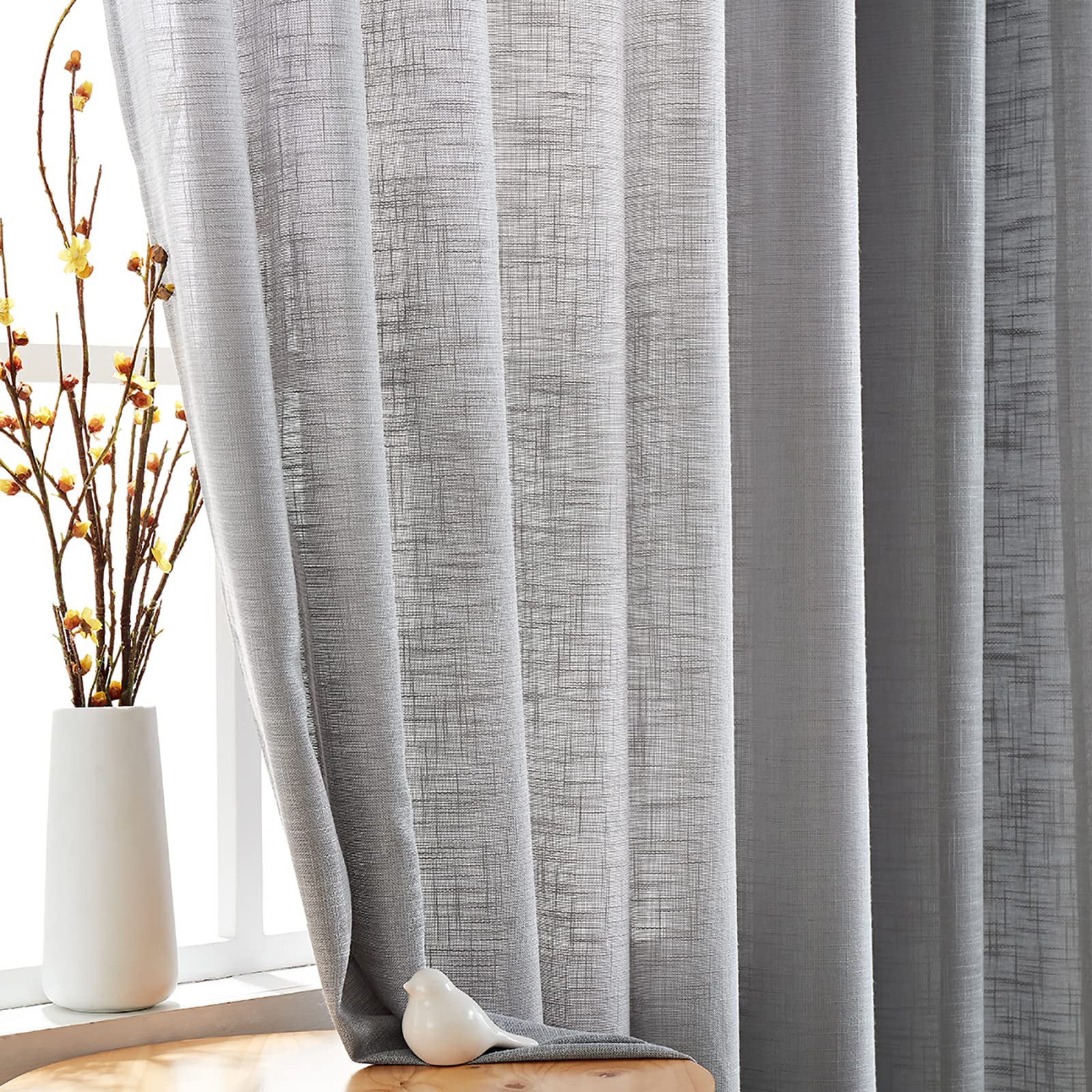 Fmfunctex Grey Sheer Curtains for Living Room 90 Drop Linen Textured Eyelet Curtains for Bedroom Semi Sheer Light Filtering Window Curtain Drapes for Dining Room 2 Panels