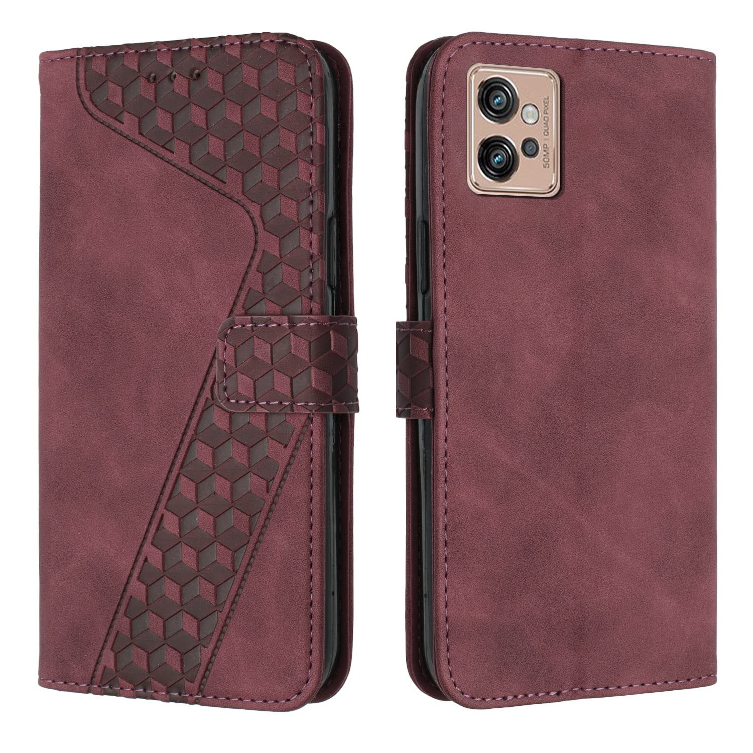 QIWEIQING Motorola Moto G32 Magnetic PU Leather Case - Folio with Credit Card Holder, Protective Compatible with Moto G32 - Wine Red HX4
