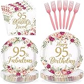 Greencian 96Pcs 95th Birthday Decorations for Women Rose Gold Floral Party Plates and Napkins Disposable 95th Birthday Gifts Tableware Set for Women Fabulous Party Decorations Serves 24