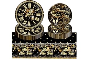 HABDJILTY Happy New Year Party Decorations Supplies-Happy New Year Plates and Tablecloth for New Year Celebration Disposable Dinnerware Parties Decoration
