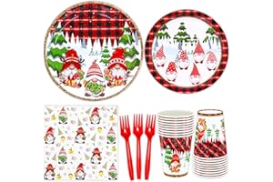 BFUN Gnomes Christmas Plates And Napkins Serves 24 Red And Black Buffalo Gnomes Dinner Plates, Dessert Plates, Paper Cups, Napkins, Forks, Christmas Dinnerware Gnomes Theme For Xmas Party Supplies
