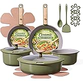 CAROTE 18 Pcs Ceramic Cookware Set Detachable Handle, Non Toxic Pots and Pans Set Non Stick, Induction Kitchen Cookware Removable Handles, Oven Safe, Stackable RV/Camping Cooking Set, Green